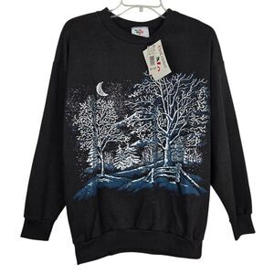 Vtg NutCracker Sweatshirt M Puff Print Winter Trees Landscape Black Silver NWT